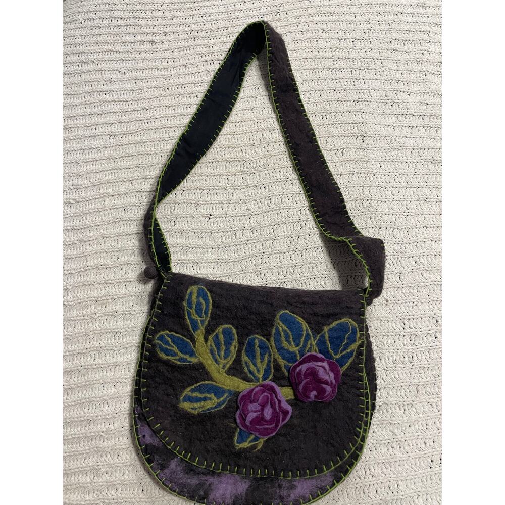 Anthropologie Rising Tide Wool Felted Purse Shoulder Bag 3D Flowers Charcoal